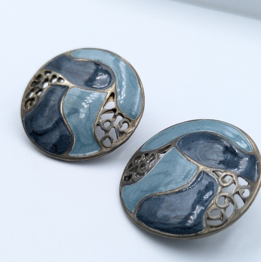 Vintage art nouveau style blue enamel large round stud earrings